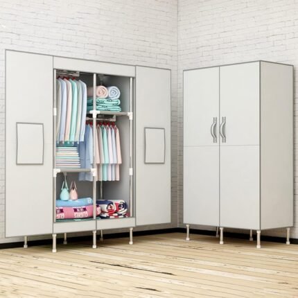 Portable Wardrobe Closet Clothes Organizer 34in Simple Non-Woven Fabric Wardrobe Multi-Functional Household Clothes Storage Cabinet with Cover and Hanging Rod-Gray White