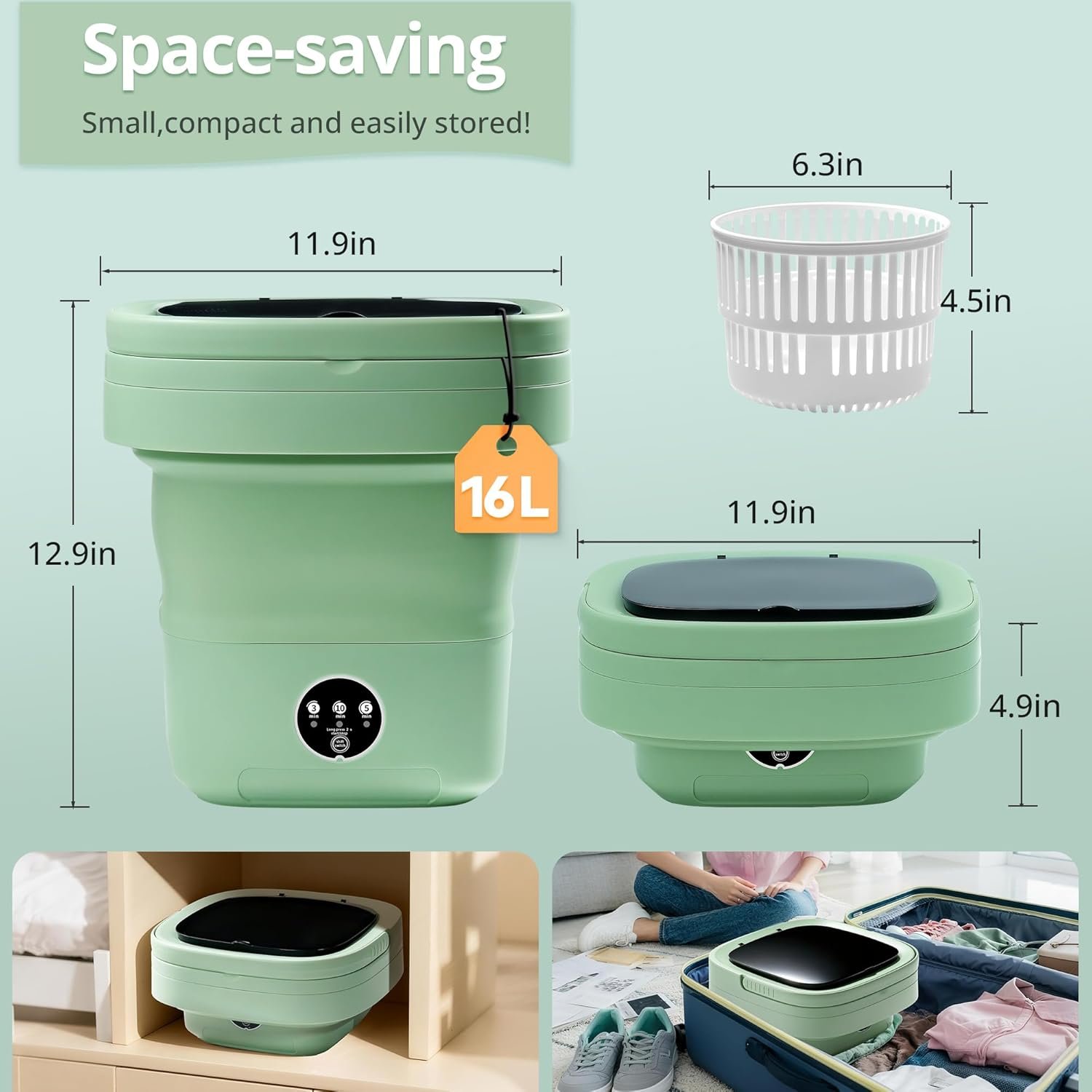 Portable Washing Machine, Mini Washer, 16L Upgraded with Spin Basket,