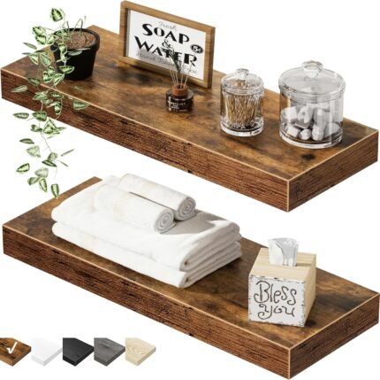 QEEIG Bathroom Floating Shelves for Wall - 15.7" Wall Mounted Shelf Over Toilet Farmhouse Home Decor Display Bookshelf Small 15.7 x 6.7 inch Set of 2, Rustic Brown (008-40BN)