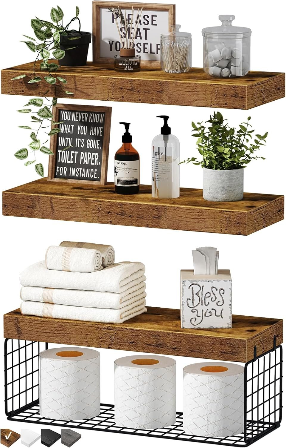 QEEIG Bathroom Shelves Over Toilet - Wall Mounted Floating Shelves