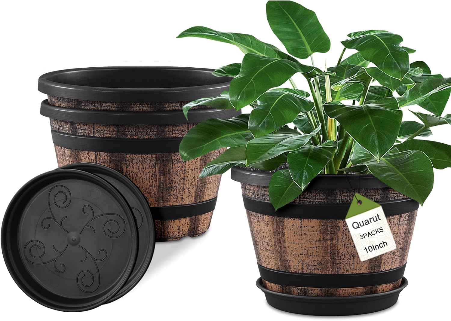 Quarut 3 Pack 10 inch Plant Pots,Whiskey Barrel Planters with