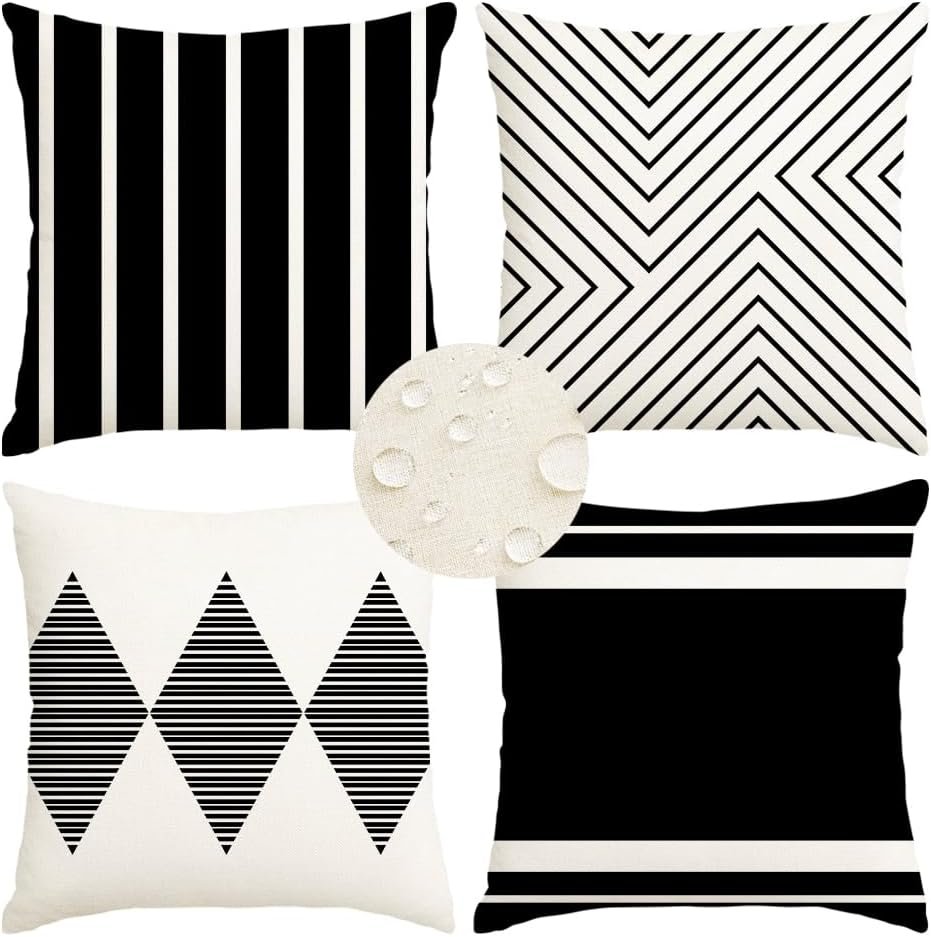RABUSOFA Outdoor Pillows Waterproof,18x18 inch Black and White Throw Pillows