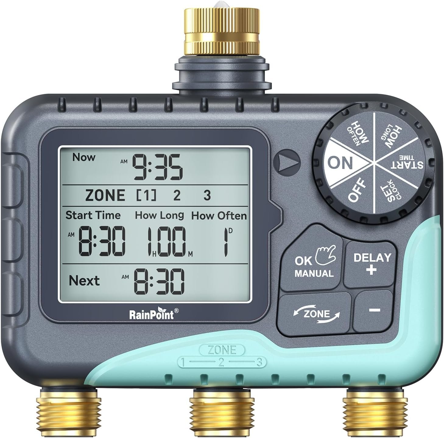 RAINPOINT 3 Zone Water Timer with Brass Inlet & Outlet,