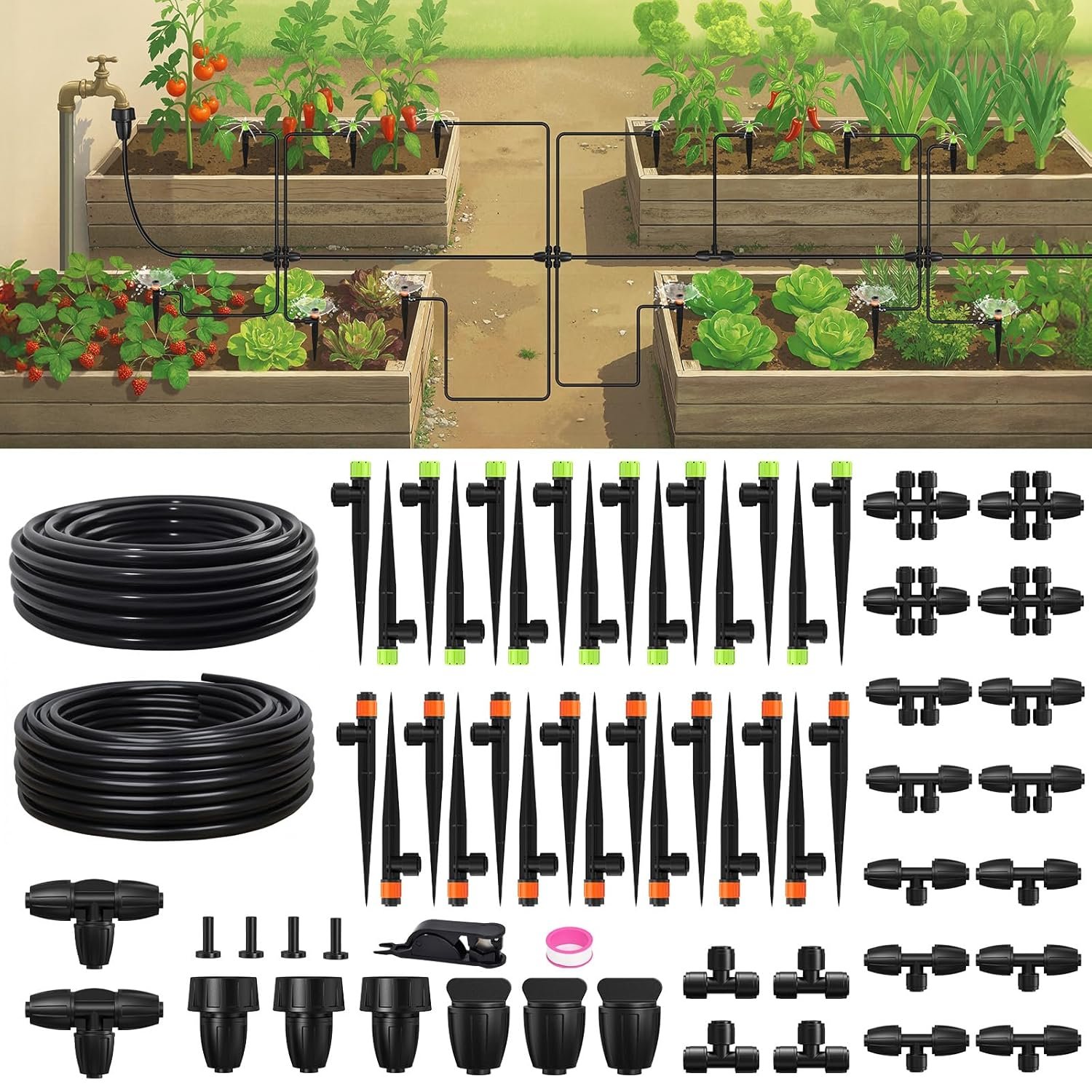 RAINPOINT Drip Irrigation System, Quick-Connect Garden Watering System Kit with