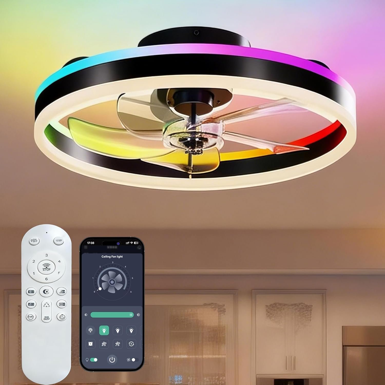 RGBCW Ceiling Fan with Light, 20" Flush Mount Low Profile