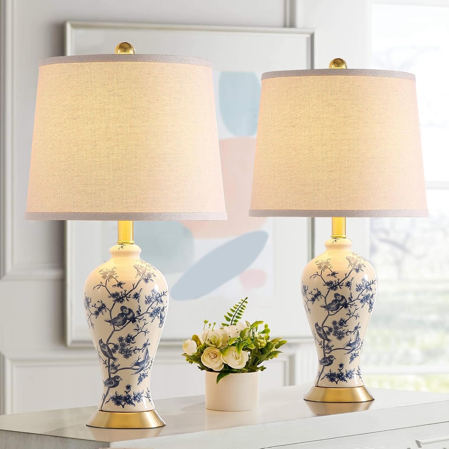 RORIA 24" Chinoiserie Modern Ceramic Small Table Lamps Set of