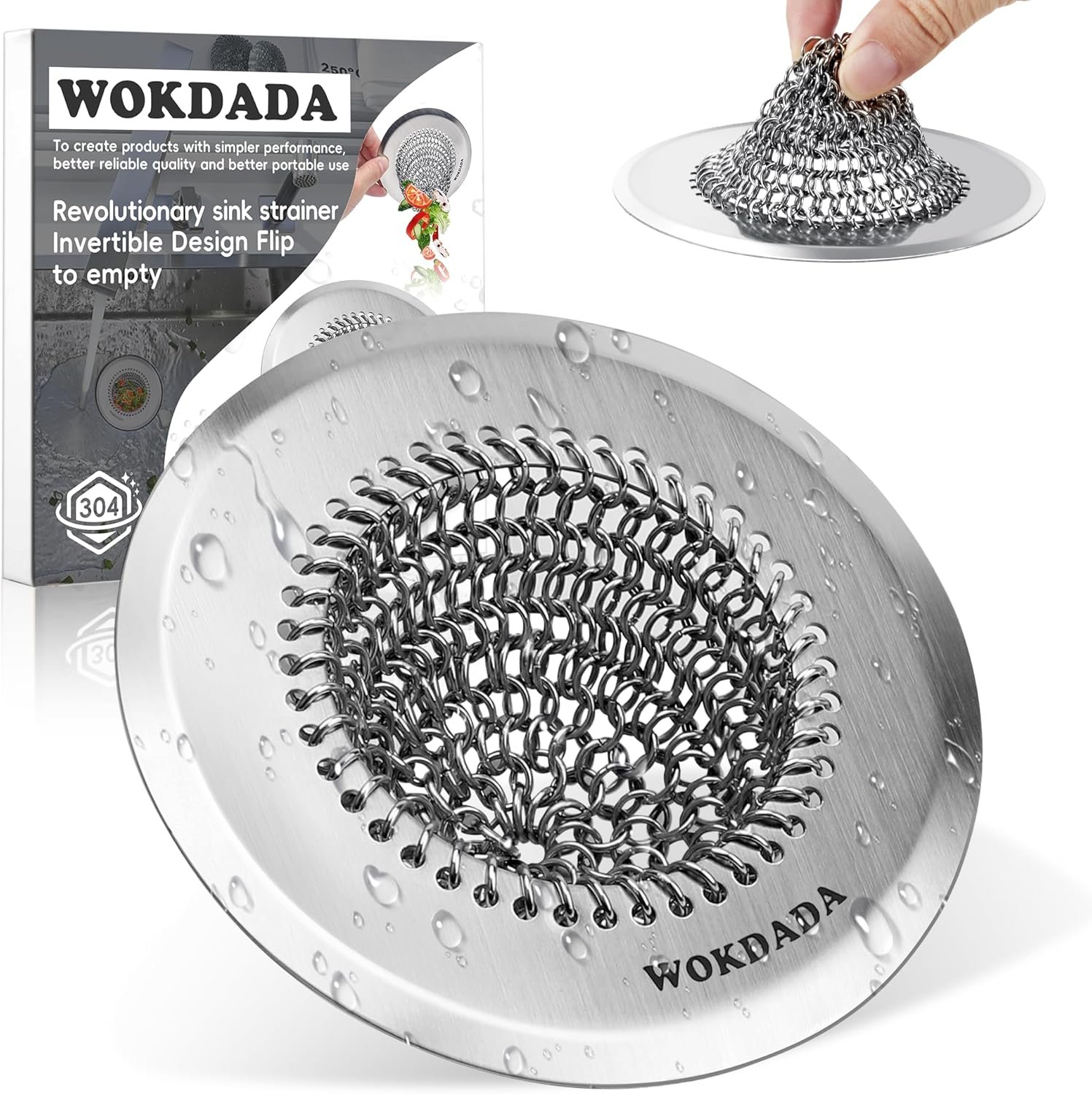 Revolutionary Kitchen Sink Drain Strainer/Patented Reversible Chain Mesh, Effortless Cleaning