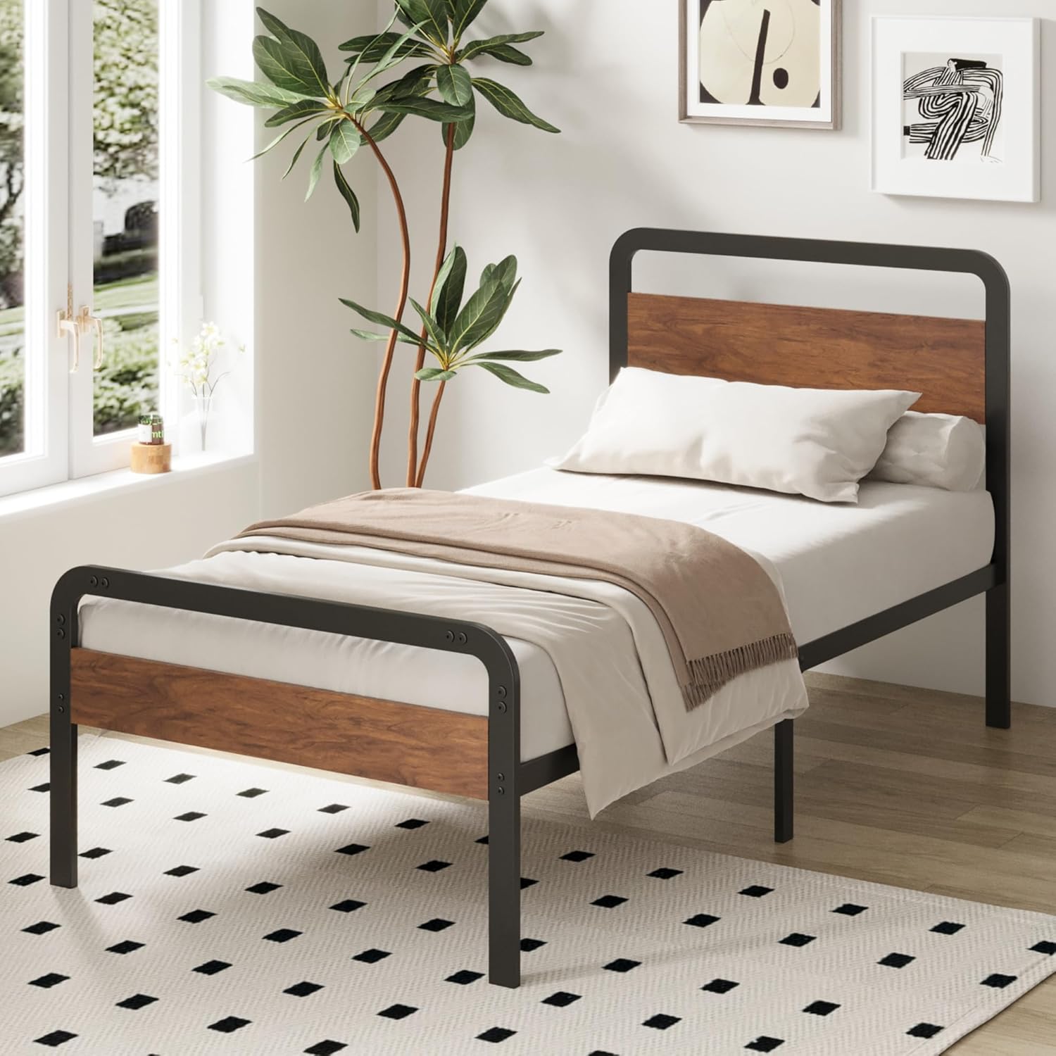 Richwanone Twin Bed Frames with Wood Headboard and Footboard,14 Inch