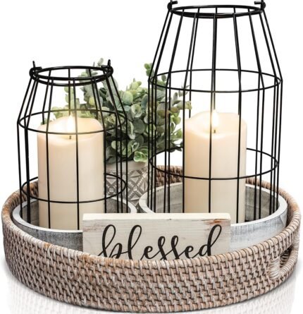 Rustic Farmhouse Lantern Decor Set of 2 - Stylish Decorative Lanterns for Your Living Room, Patio & Porch or Kitchen Dining Table - Modern Indoor/Outdoor Coffee Table Decor for Your Entire Home
