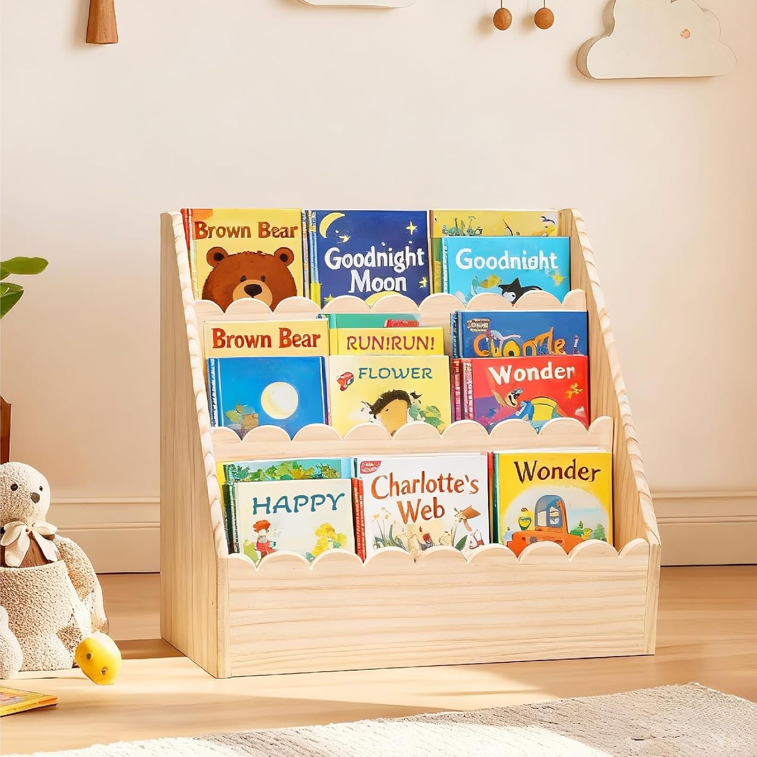 Scalloped Kids Book Shelf, Montessori 3-Tier Wooden Toddler Bookshelf for