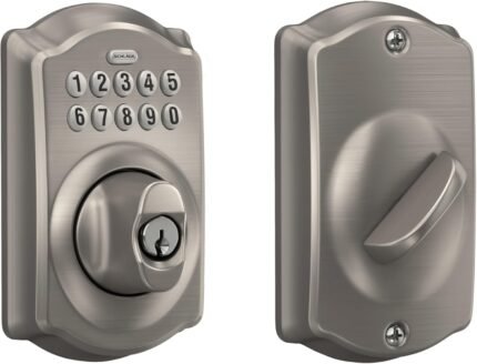 Schlage Camelot Electronic Keypad Deadbolt Lock, Keyless Front Door Entry, Mechanical Key Backup Included, Satin Nickel, BE365 V CAM 619