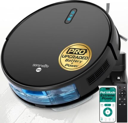 SereneLife Automatic Robot Vacuum Cleaner and Mop Combo, Pro Edition with Upgraded Battery, Extreme Suction, Internal Water Tank - Smart App Control, Ideal for Pet Hair, Carpet and Hard Floors, Black