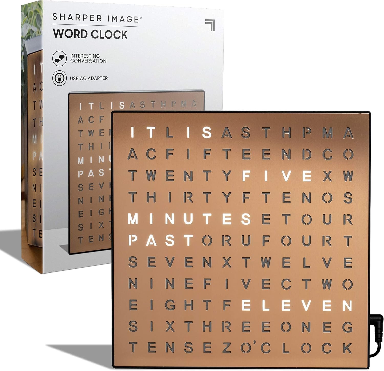 Sharper Image LED Word Digital Clock, 7.75", Copper Finish, Light-Up