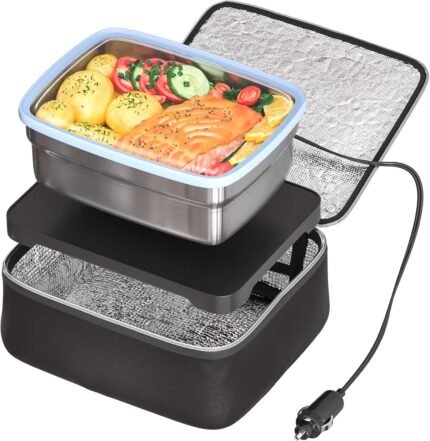 Skywin Portable Car Food Warmer with Vehicle Plug, Car Microwave Alternative, Mini Electric Heated Oven Lunch Box for Vehicle, Like Truck, Includes Stainless Steel Container