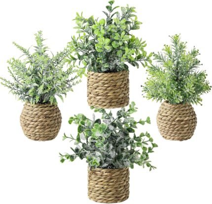 Small Fake Potted Plants: 9 Inches Artificial Plants with Seagrass Handwoven Planters, Indoor Farmhouse Decorations, Eucalyptus Plant for Home Bathroom Office Shelf Tabletop Desk Room Decor