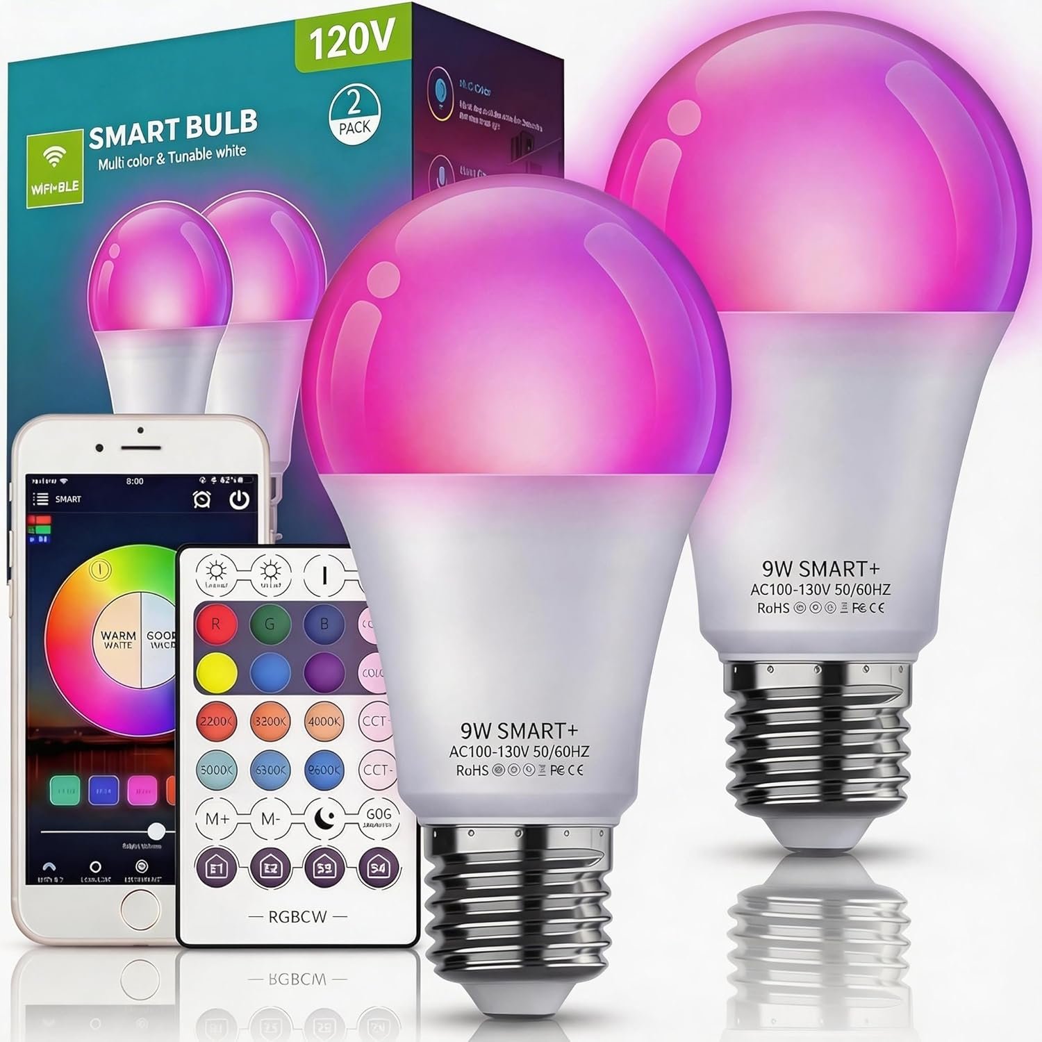 Smart Light Bulbs with Remote, Color Changing Dimmable Multicolor LED
