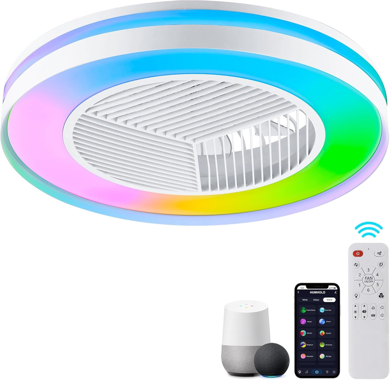 Smart Low Profle Ceiling Fans with RGB Lights Remote/APP/Voice Control,