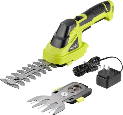SnapFresh Cordless Grass Shear Bush Trimmer, 2 in 1 Handheld Hedge Trimmer, 7.2V Electric Grass Trimmers, Lightweight Shrubbery Trimmers Battery & Charger Included, Shrub Trimmer for Garden(Green)