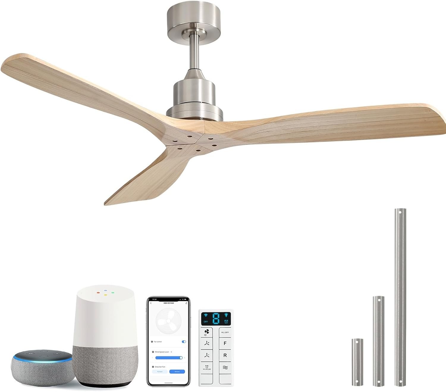 Sofucor 52 Inch Smart Ceiling Fans without Light-Modern Solid Wood