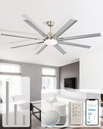 Sofucor 72 Inch Smart Ceiling Fan with Light, 8 Aluminum Blades Large Outdoor Ceiling Fan, Works with App/Alexa/Google, 6-Speed Dimmable Reversible DC Motor for Living Room Patio, Silver