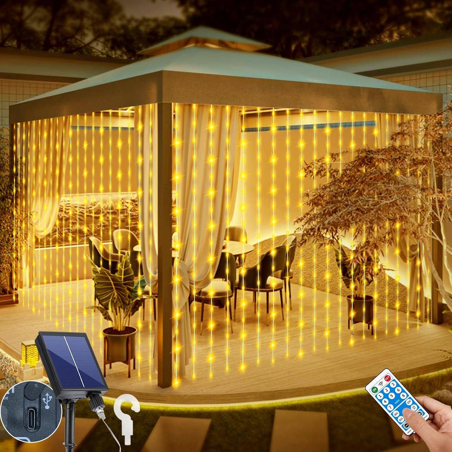 Solar Curtain Lights Outdoor Waterproof 10 * 10Ft 300LED Waterfall