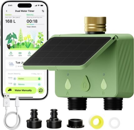 Solar WiFi Water Timer for Garden Hose, 2-Zone Sprinkler Controller with Flow Meter, Smart Irrigation System with Rain Delay, Brass Inlet, APP & Voice Control, No Hub Required