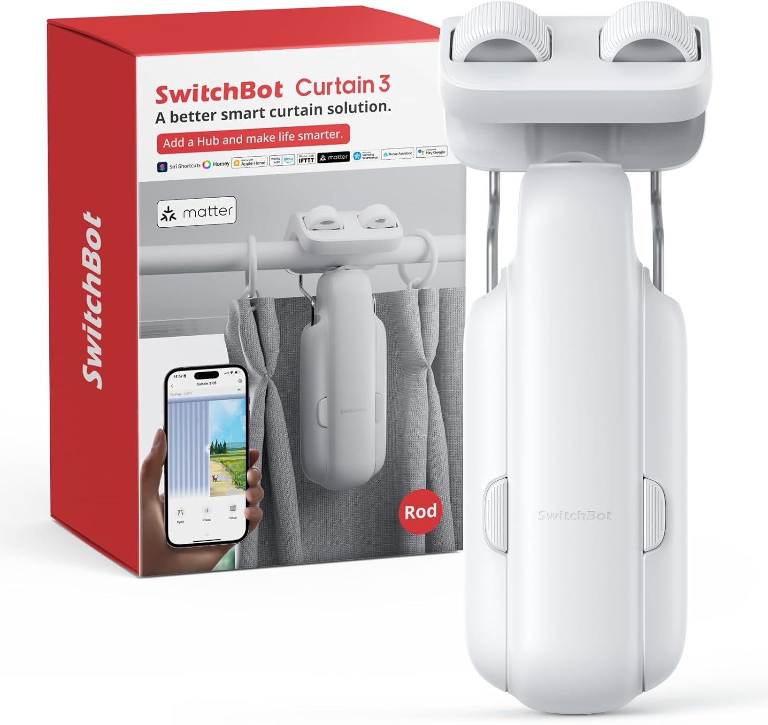 SwitchBot 2025 Automatic Curtain Opener 3 Rod-Bluetooth Remote Control, WiFi&APP