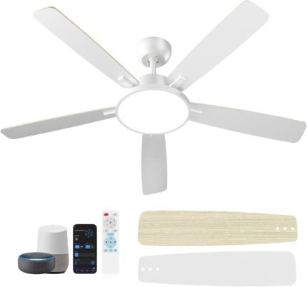TALOYA 52 Inch White Smart Ceiling Fans with Lights Led Remote Control Flush Mount Low Profile for Bedroom Living Dining Room Outdoor Farmhouse Patio,Reversible,DC Motor,3 Color Temperatures,5 Blades