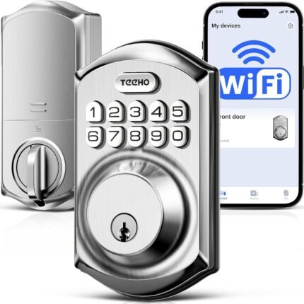 TEEHO TE011W Wi-Fi Keyless Entry Door Lock with Keypad - Smart Deadbolt Lock for Front Door with 2 Keys - Remote Control, Compatible with Alexa & Google, APP Unlock - Easy Installation - Satin Nickel