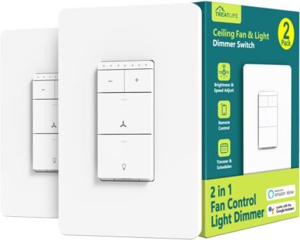 TREATLIFE Smart Ceiling Fan Control and Dimmer Light Switch 2Pack, Neutral Wire Needed, 2.4GHz Single Pole Wi-Fi Fan Light Switch Combo Works with Alexa, Google Home and SmartThings, Remote Control