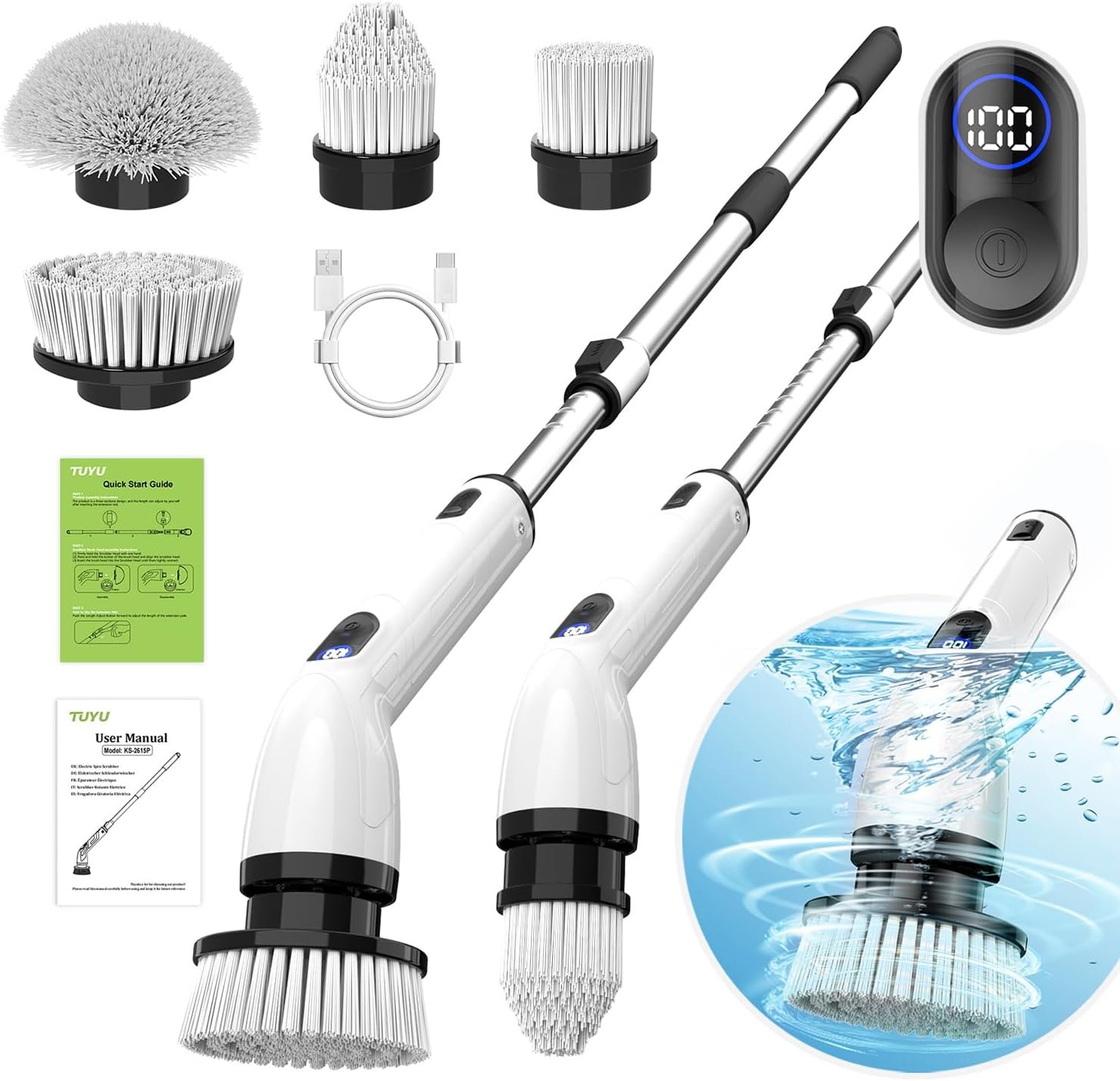 TUYU Electric Spin Scrubber, Full-Body IPX7 Waterproof Bathroom Scrubber with