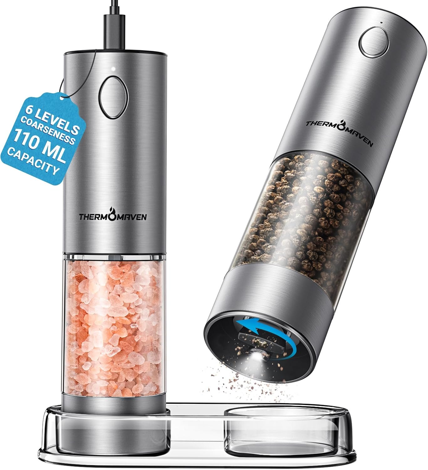 ThermoMaven Upgraded Larger Capacity Electric Salt and Pepper Grinder Set,
