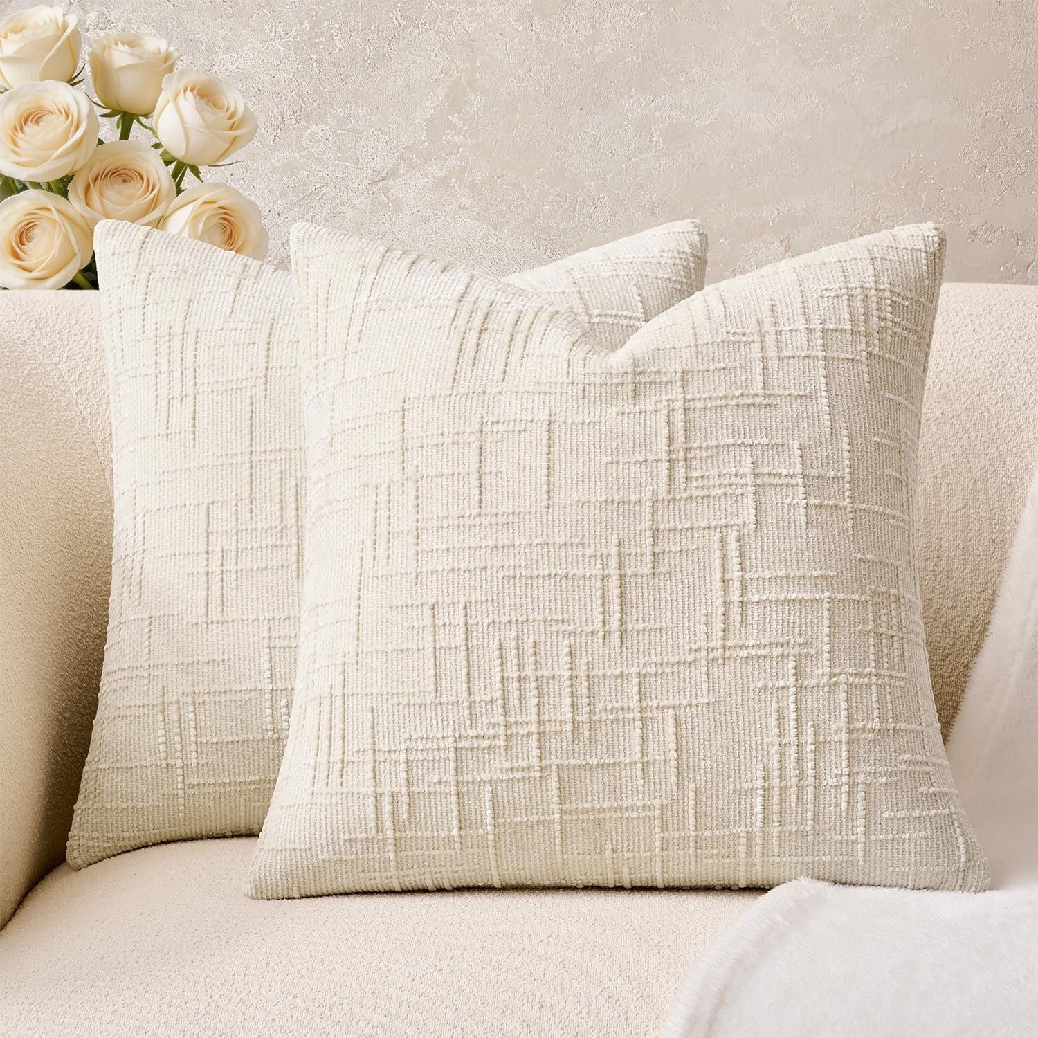 Throw Pillow Covers Neutral White Set of 2 18x18 Inch