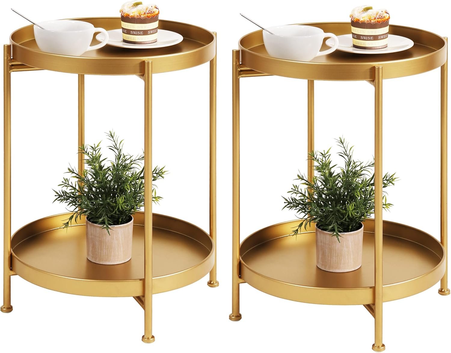 Tiita 2 Pack Round End Table Mental Side Table Nightstand/Small