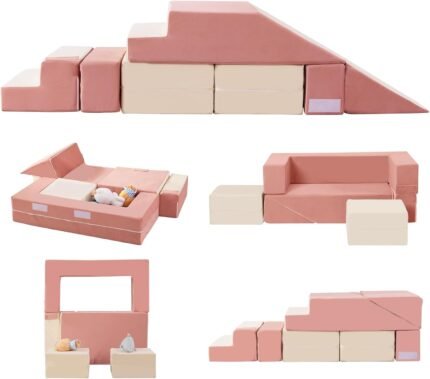 Toddler Foam Climbing Blocks|Modular Kids Soft Play Couch Sofa with 2 Ottomans Indoor,Baby Crawling & Sliding Foldable Soft Play Set with Stair,Beige & Pink