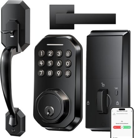 Ulecoce WiFi Smart Door Lock for Front Door, Keyless Entry Door Lock with App Control, Front Door Lock Set, Keypad Deadbolt with Handle Set, 5 Keys, Auto-Lock ＆ One-Touch Lock, One-time Codes, Black