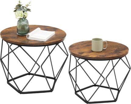 VASAGLE Small Coffee Table Set of 2, Round Coffee Table with Steel Frame, Side End Table for Living Room, Bedroom, Office, Rustic Brown and Ink Black | Living Room