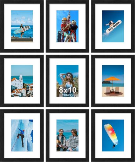 Vittanly 8x10 Picture Frames Set of 9, Shatter Resistant Plexiglass, Display 5x7 Pictures with Mat or 8x10 without Mat, Photo Frames for Wall or Tabletop, Engineered Wood, Black