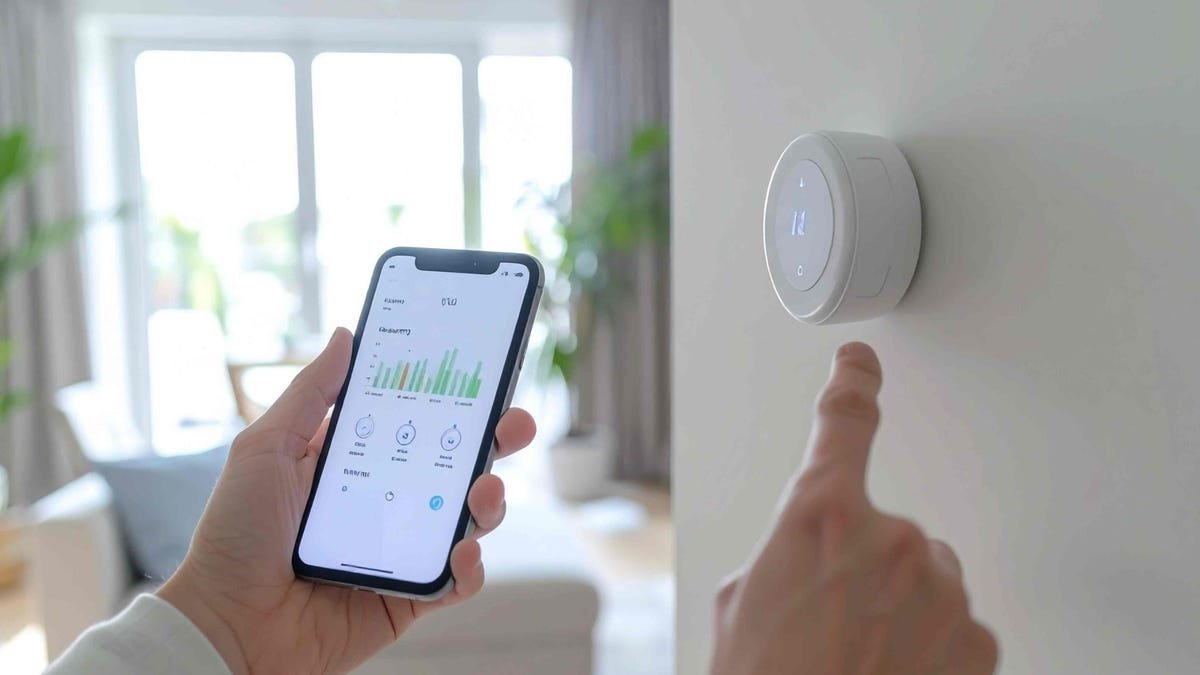 A pair of hands hold a phone with an app while pointing to a smart thermostat on a white wall.