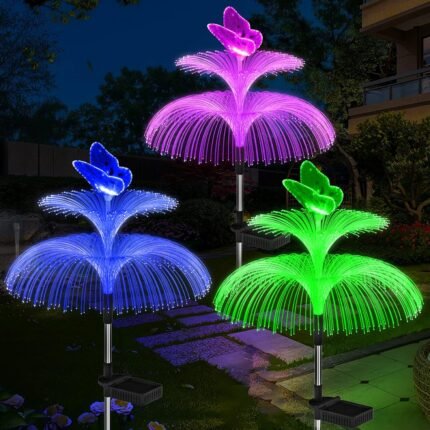 Weepong Solar Garden Lights Waterproof 3 Pack Solar Lights Outdoor Decorative 7 Color Changing Double Jellyfish and Butterfly Flower Garden Decor Yard Christmas Pool Outdoor, Gifts for Mother's Women