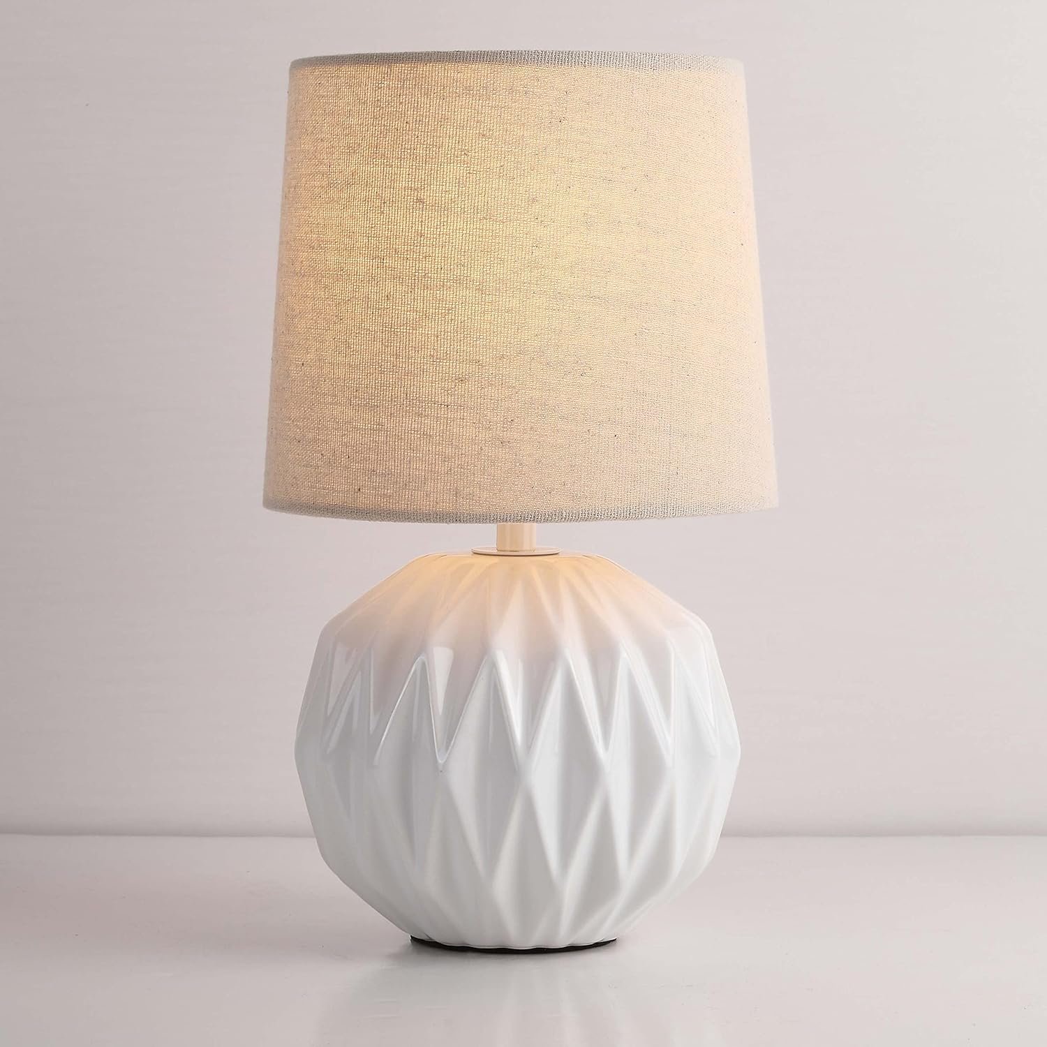 White Ceramic Table Lamp, Geometric Textured Small Bedside Lamp with