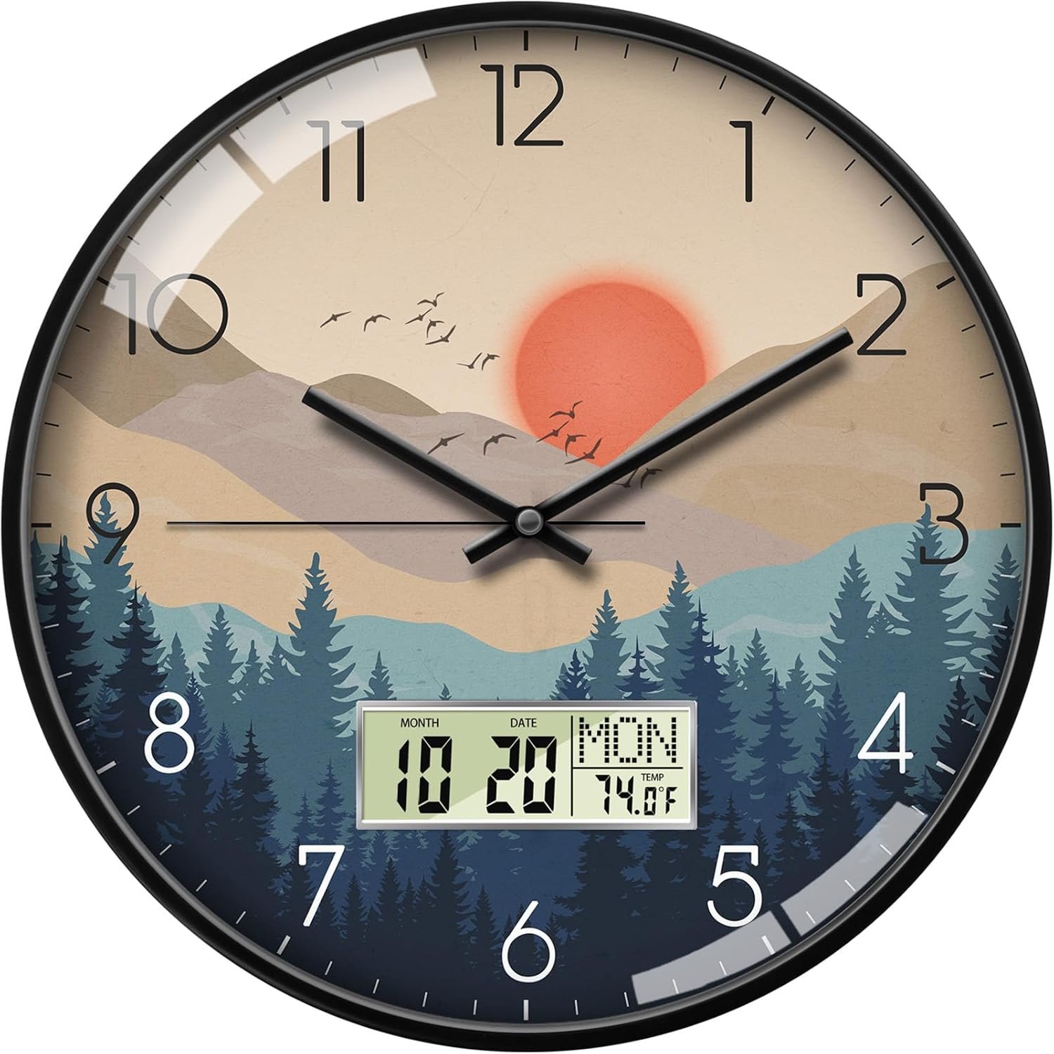 Wilderness Sunset Wall Clock, 12" Silent Non-Ticking Battery Operated Analog