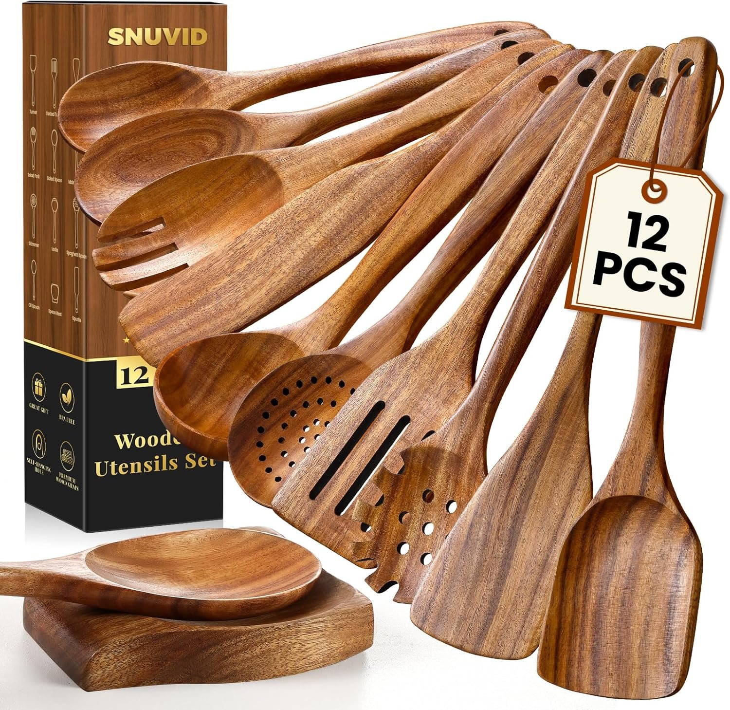 Wooden Spoons for Cooking, 12 Pcs Teak Wood Kitchen Utensils