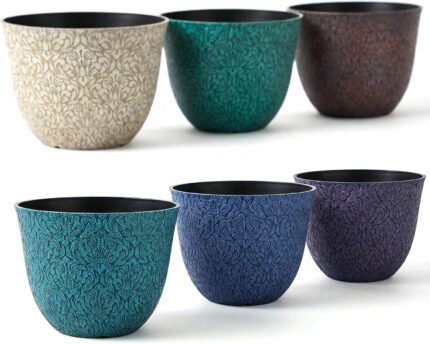 Worth Garden Plastic Round 8" Plant Pots for Indoor Plants - Set of 6 Multicolor Small Flower Pots W/Drainage Hole and Rubber Plug - Home Christmas Decorative planters Retro Floral Pattern