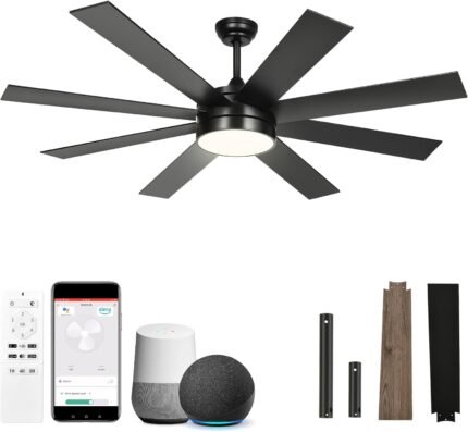 YITAHOME 60 Inch Black Ceiling Fan with Lights and Remote,8 Blades,App Control, Modern Smart Ceiling Fan Compatible with Alexa for Indoor, Reversible Quiet Motor, Memory Function