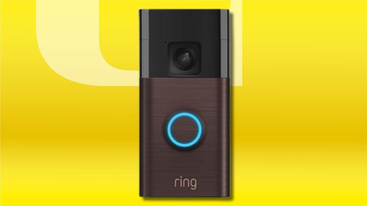 Shows the Ring Battery Doorbell on a yellow background.