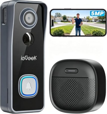 ieGeek Wireless Doorbell Camera No Subscription - 5MP Ultra Clear Motion Detection Alert Video Doorbell, Cloud/Local Storage, Battery Power Easy Connect & Install, Work with Alexa, Only 2.4Ghz WiFi