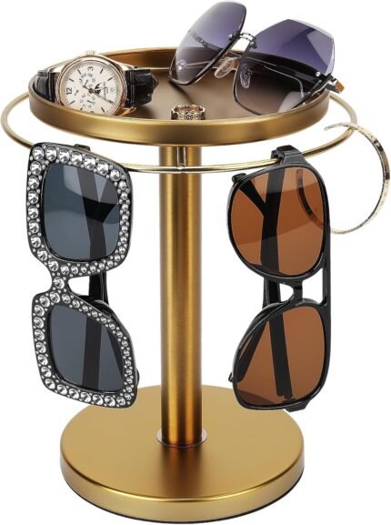 kondyfayo 360° Rotating Sunglass Organizer Storage, Stainless Steel Glasses Holder Stand, Glasses Organizer with Tray for Desk, Dresser, Tabletop, Nightstand and Home Decor (Gold)