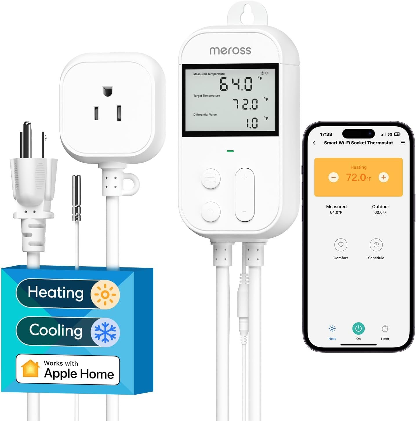 meross Smart Temperature Controller 15A 1800W, Smart Wi-Fi Thermostat Controlled