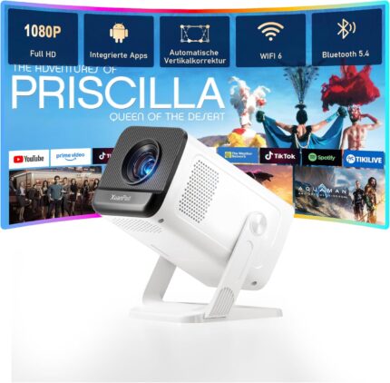 【White Projector & Built-in Apps】 XuanPad Mini Projector with Wi-Fi and Bluetooth, Full HD 1080P Smart Portable Projector with 210° Stand, Auto Vertical Keystone, Compatible with HDMI/USB/TV Stick